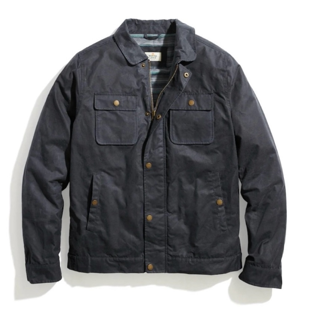 Marine Layer Men’s Waxed Cotton Flannel Full Zip Canvas Trucker Jacket Dark Grey